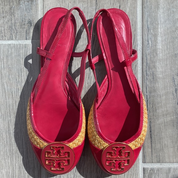 Tory Burch Orchid Pink Patent Leather/Tan Woven Straw Slingback Ballet Flats - Picture 3 of 5